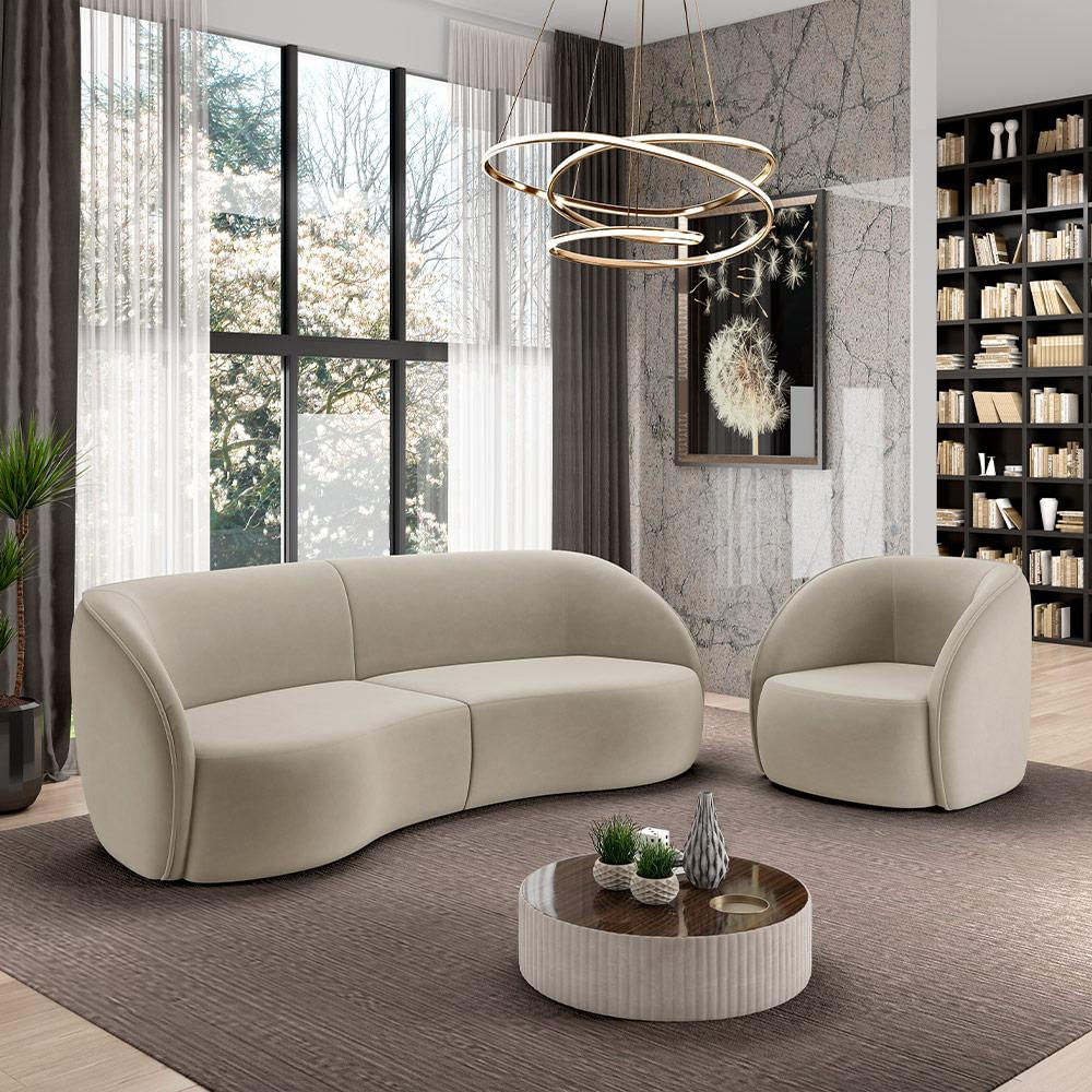 Conjunto Sofá Sala de Estar Bipartido 240cm e Poltrona Clarke Veludo Bege G45 - Gran Belo