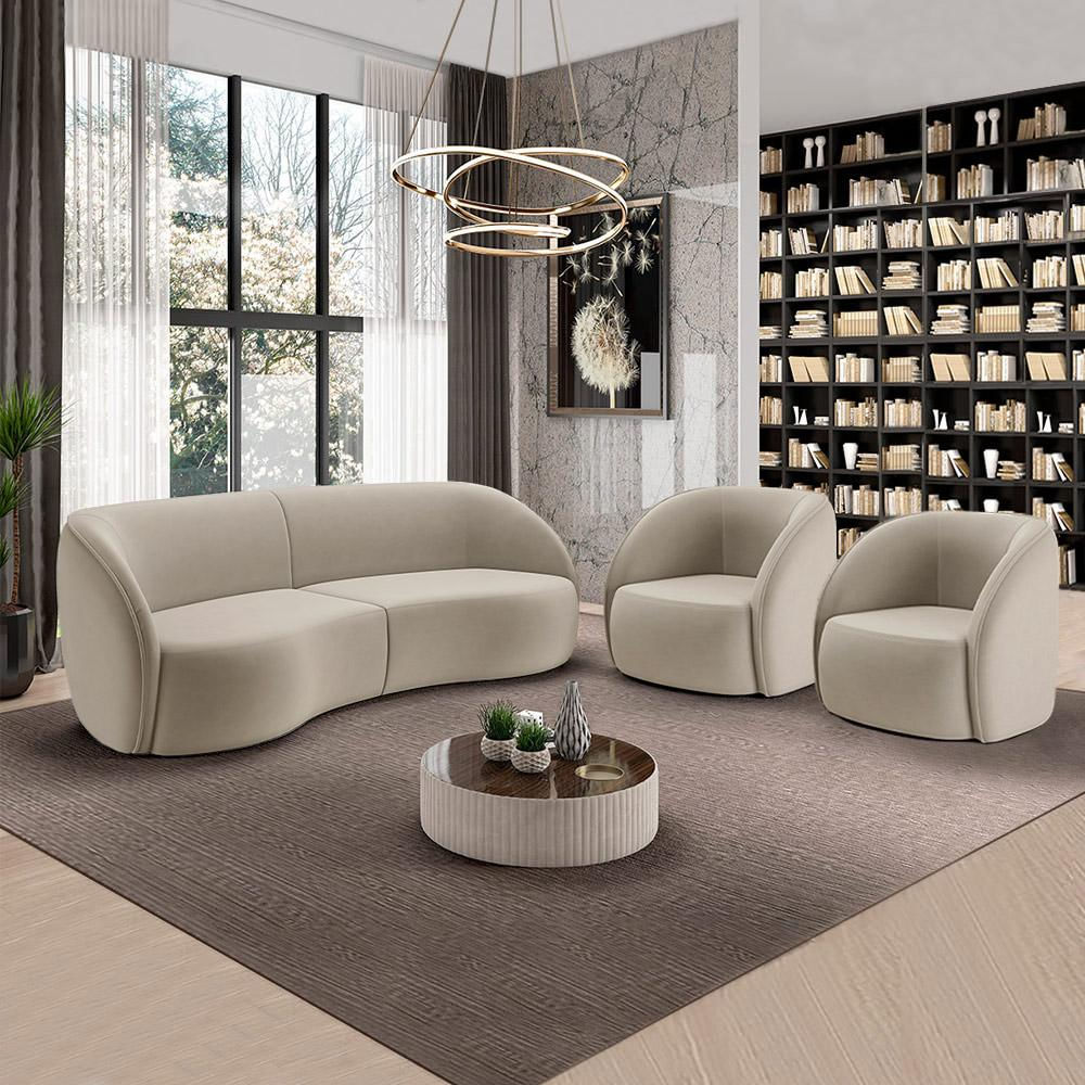 Conjunto Sofá Sala de Estar Bipartido 240cm e 2 Poltronas Clarke Veludo Bege G45 - Gran Belo