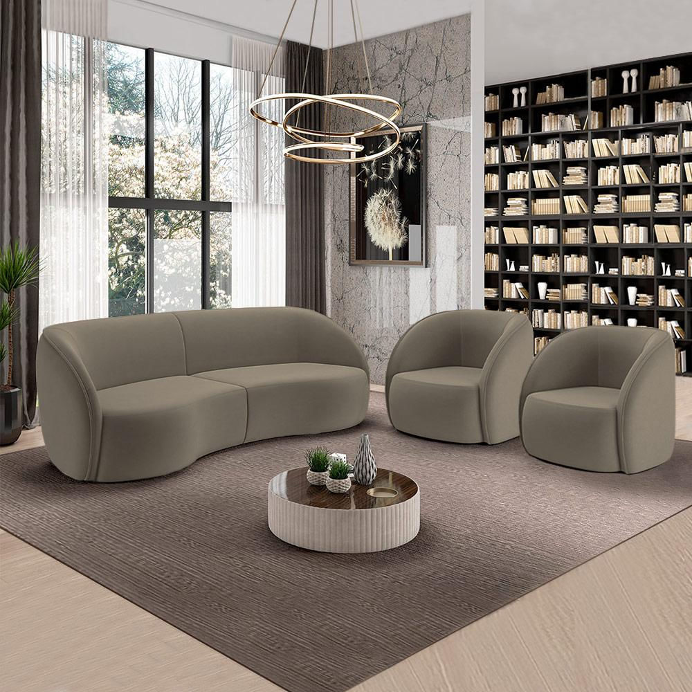 Conjunto Sofá Sala de Estar Bipartido 240cm e 2 Poltronas Clarke Veludo Castor G45 - Gran Belo