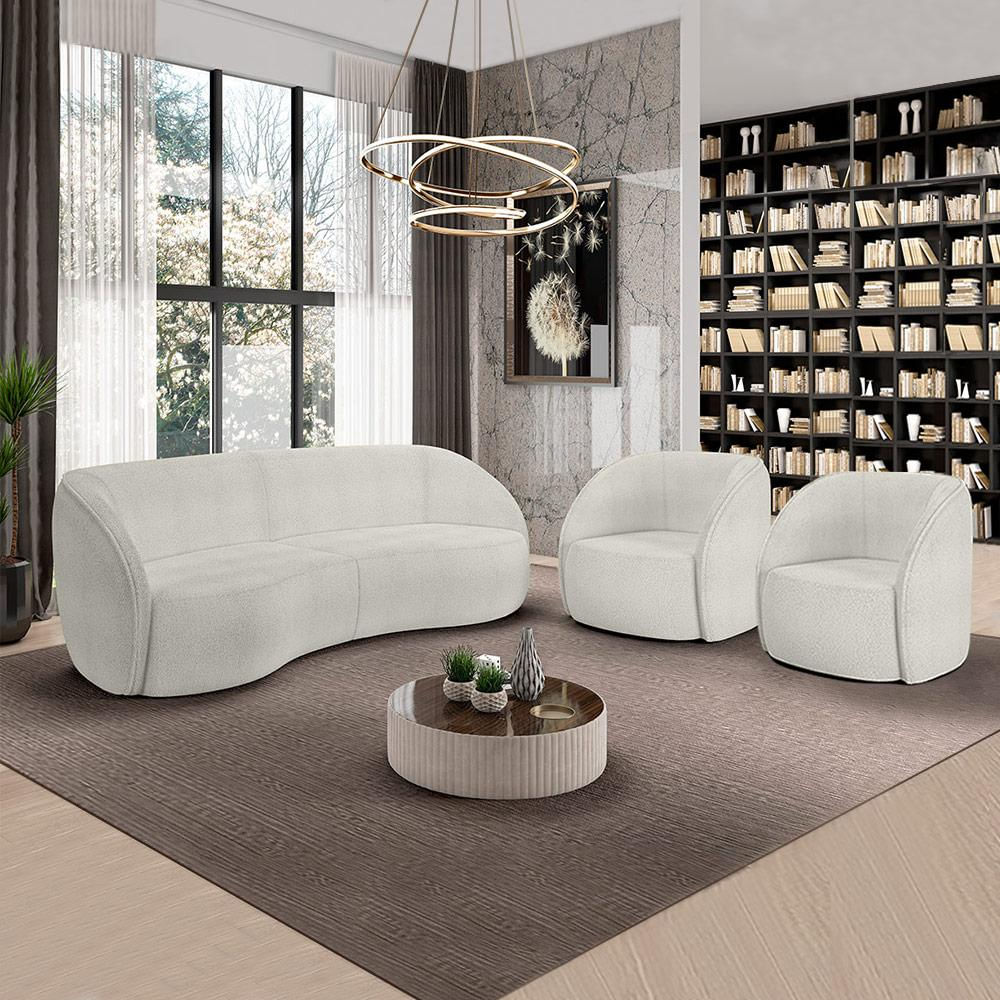 Conjunto Sofá Sala de Estar Bipartido 240cm e 2 Poltronas Clarke Bouclê OffWhite G45 - Gran Belo