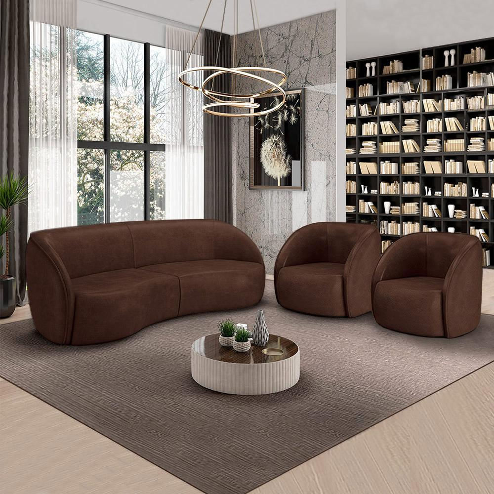 Conjunto Sofá Sala de Estar Bipartido 240cm e 2 Poltronas Clarke PU Marrom Manchado G45 - Gran Belo