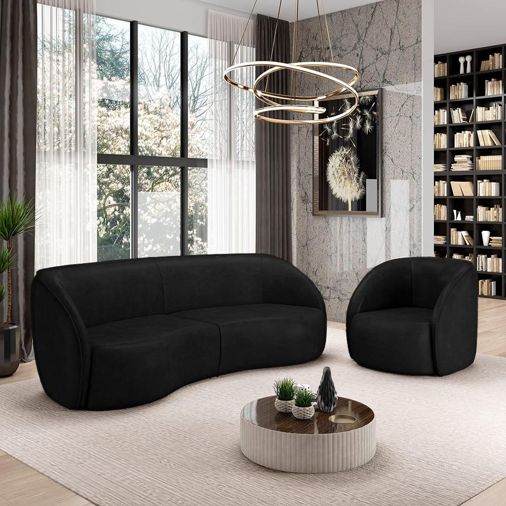Conjunto Sofá Sala de Estar Bipartido 240cm e Poltrona Clarke PU Preto Manchado G45 - Gran Belo