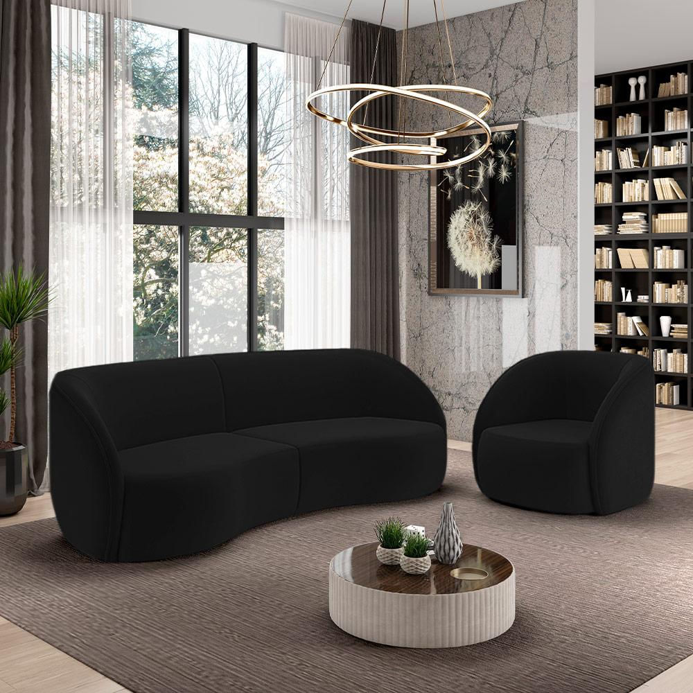 Conjunto Sofá Sala de Estar Bipartido 288cm e Poltrona Clarke Veludo Preto G45 - Gran Belo