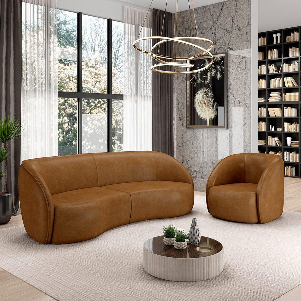 Conjunto Sofá Sala de Estar Bipartido 288cm e Poltrona Clarke PU Caramelo Manchado G45 - Gran Belo