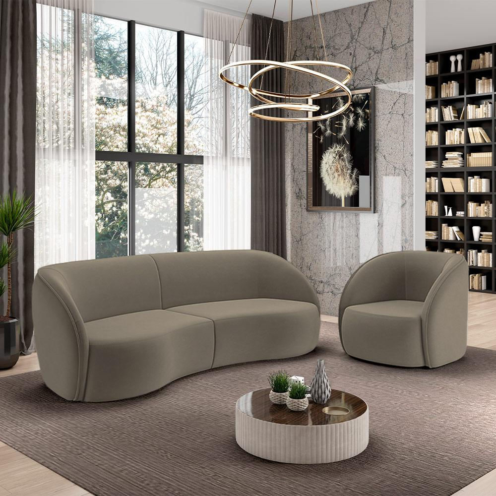 Conjunto Sofá Sala de Estar Bipartido 318cm e Poltrona Clarke Veludo Castor G45 - Gran Belo