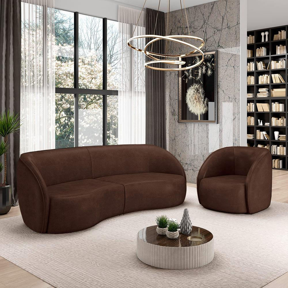 Conjunto Sofá Sala de Estar Bipartido 318cm e Poltrona Clarke PU Marrom Manchado G45 - Gran Belo