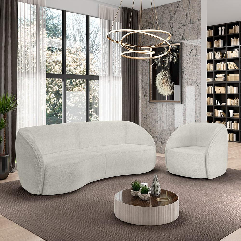 Conjunto Sofá Sala de Estar Bipartido 318cm e Poltrona Clarke Bouclê OffWhite G45 - Gran Belo