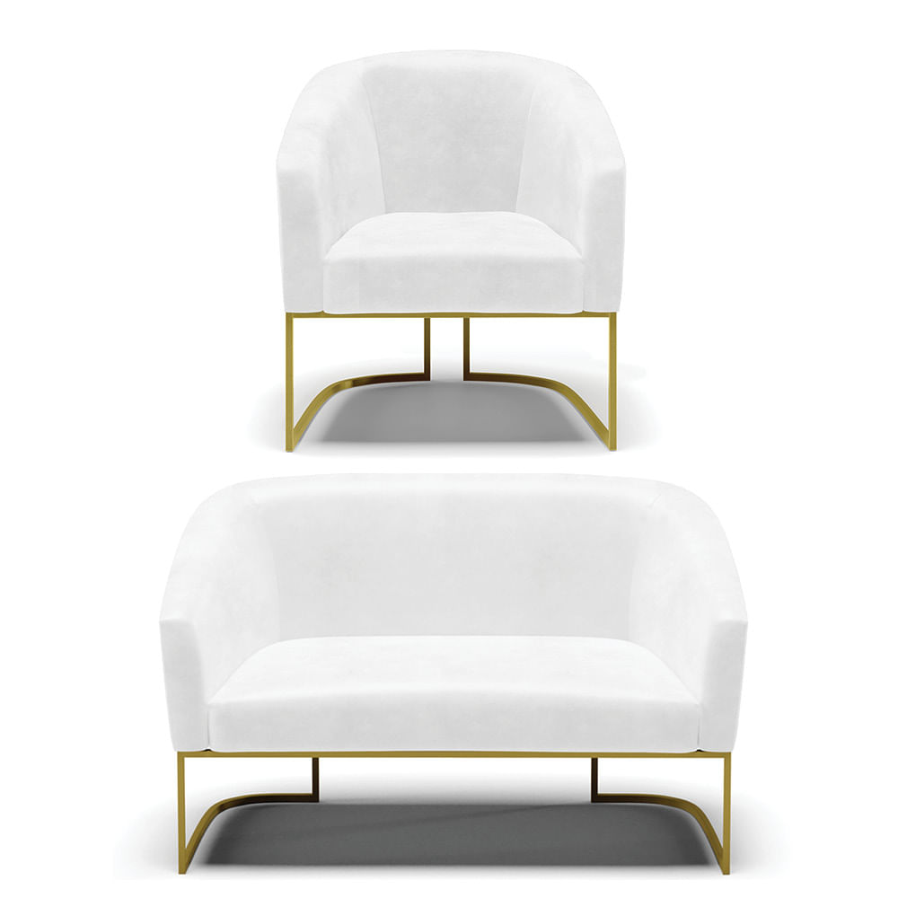 Sofá Namoradeira e Poltrona Industrial Dourado Stella Sint PU Branco D03 - D'Rossi