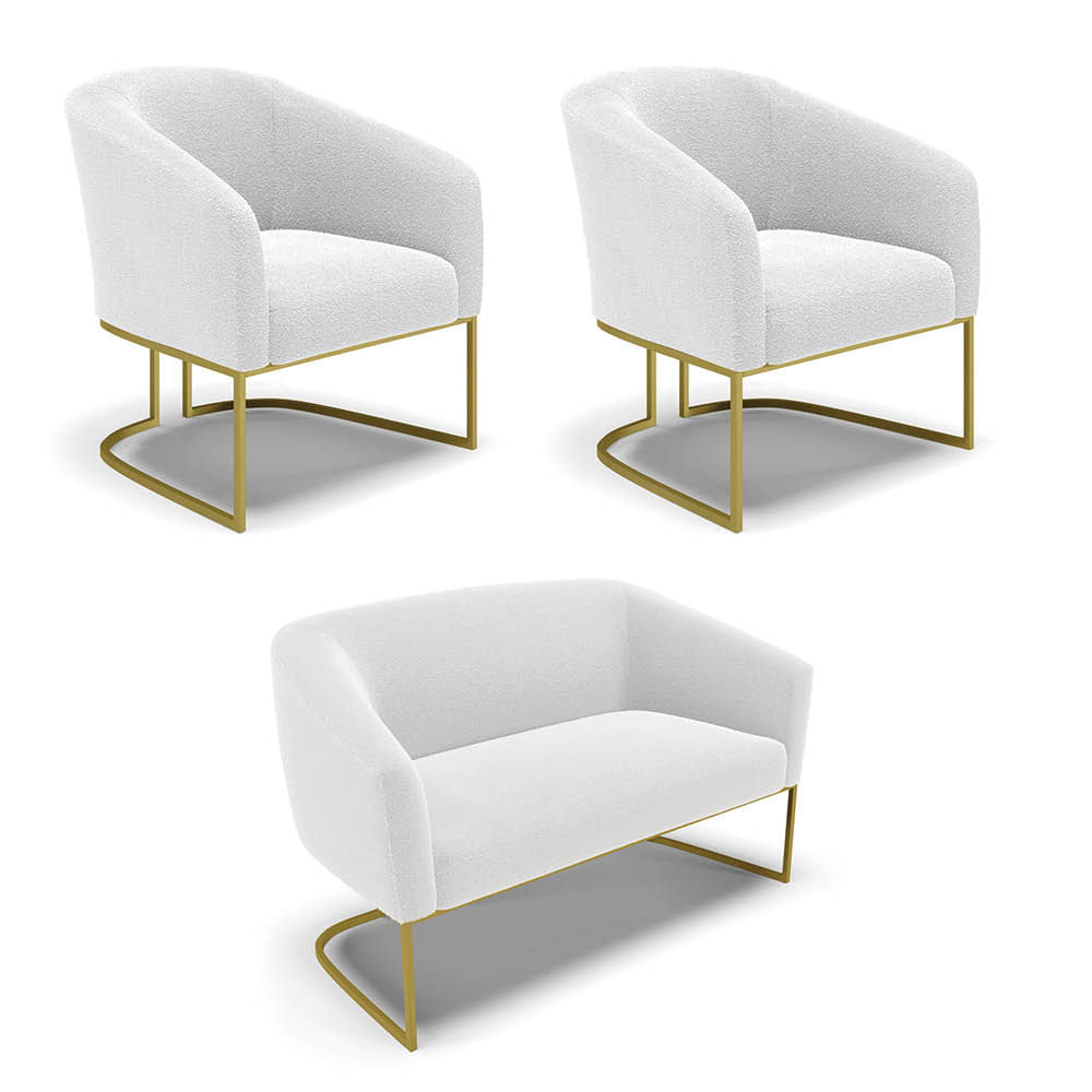 Namoradeira e 2 Poltronas Industrial Dourado Stella Bouclê Off Wte D03 - D'Rossi