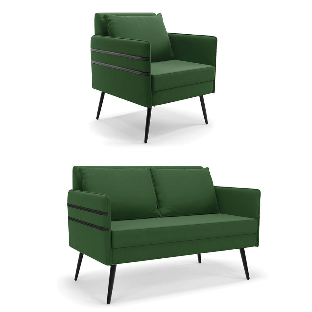Kit 01 Namoradeira 02 Lugares e 01 Poltrona Mari Suede Verde Pés Palito de Ferro - D'Rossi