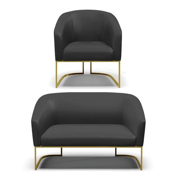 Sofá Namoradeira e Poltrona Industrial Dourado Stella Sint Preto D03 - D'Rossi