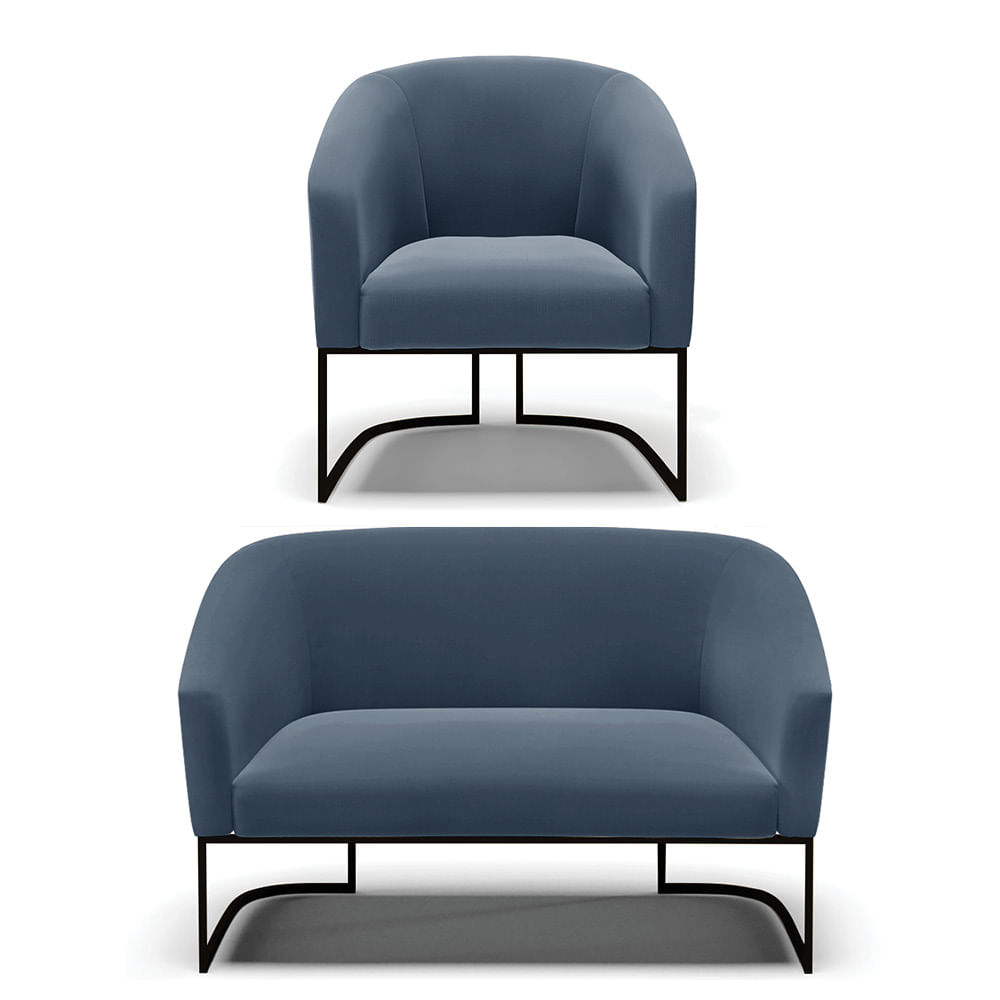 Sofá Namoradeira e Poltrona Base Industrial Preto Stella Suede Azul Marinho D03 - D'Rossi
