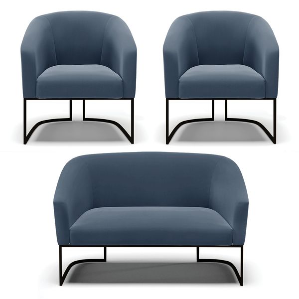 Namoradeira e 2 Poltronas Industrial Preto Stella Suede D03 - D'Rossi Azul Marinho