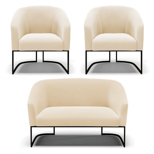 Namoradeira e 2 Poltronas Industrial Preto Stella Suede D03 - D'Rossi Bege
