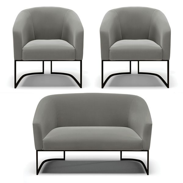 Namoradeira e 2 Poltronas Industrial Preto Stella Suede D03 - D'Rossi Grafite