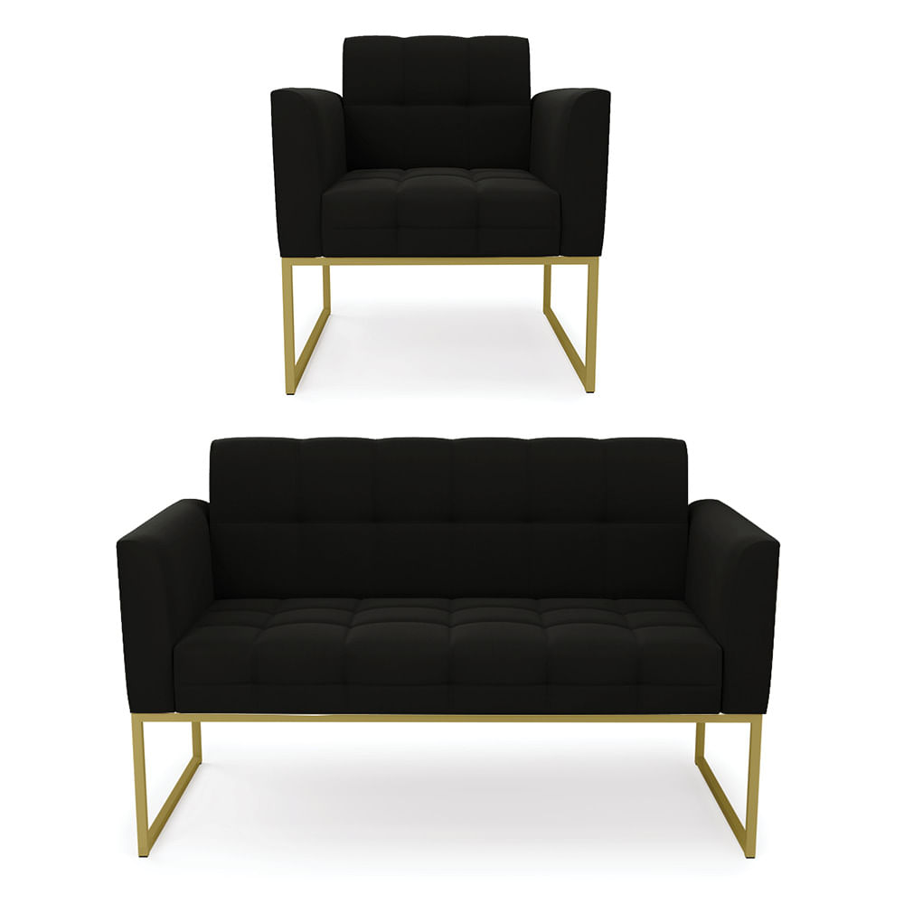 Kit 1 Sofá Namoradeira e 1 Poltrona Elisa Suede Preto Base Metálica Industrial Dourado - D'Rossi