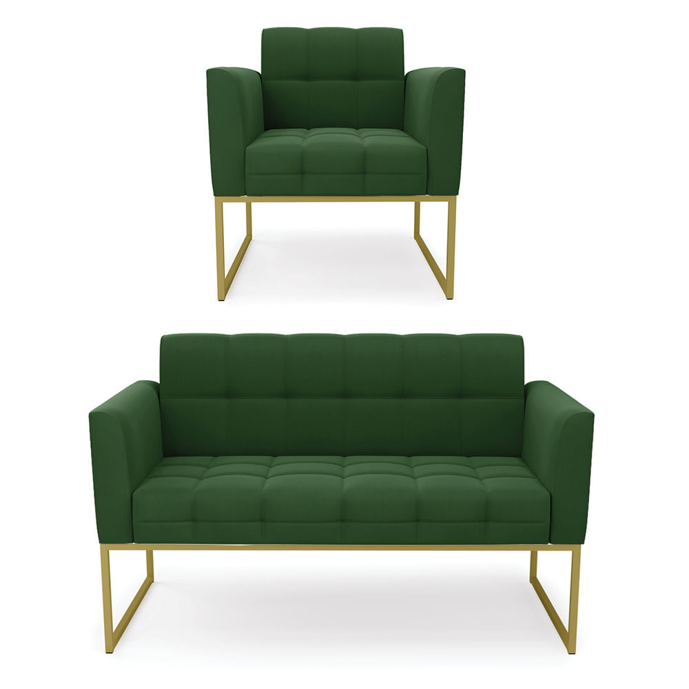 Kit 1 Sofá Namoradeira e 1 Poltrona Elisa Suede Verde Base Metálica Industrial Dourado - D'Rossi