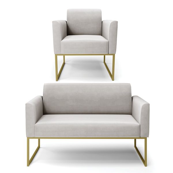 Sofá Namoradeira com Poltrona Base Industrial Dourado Marisa Veludo Cinza D03 - D'Rossi