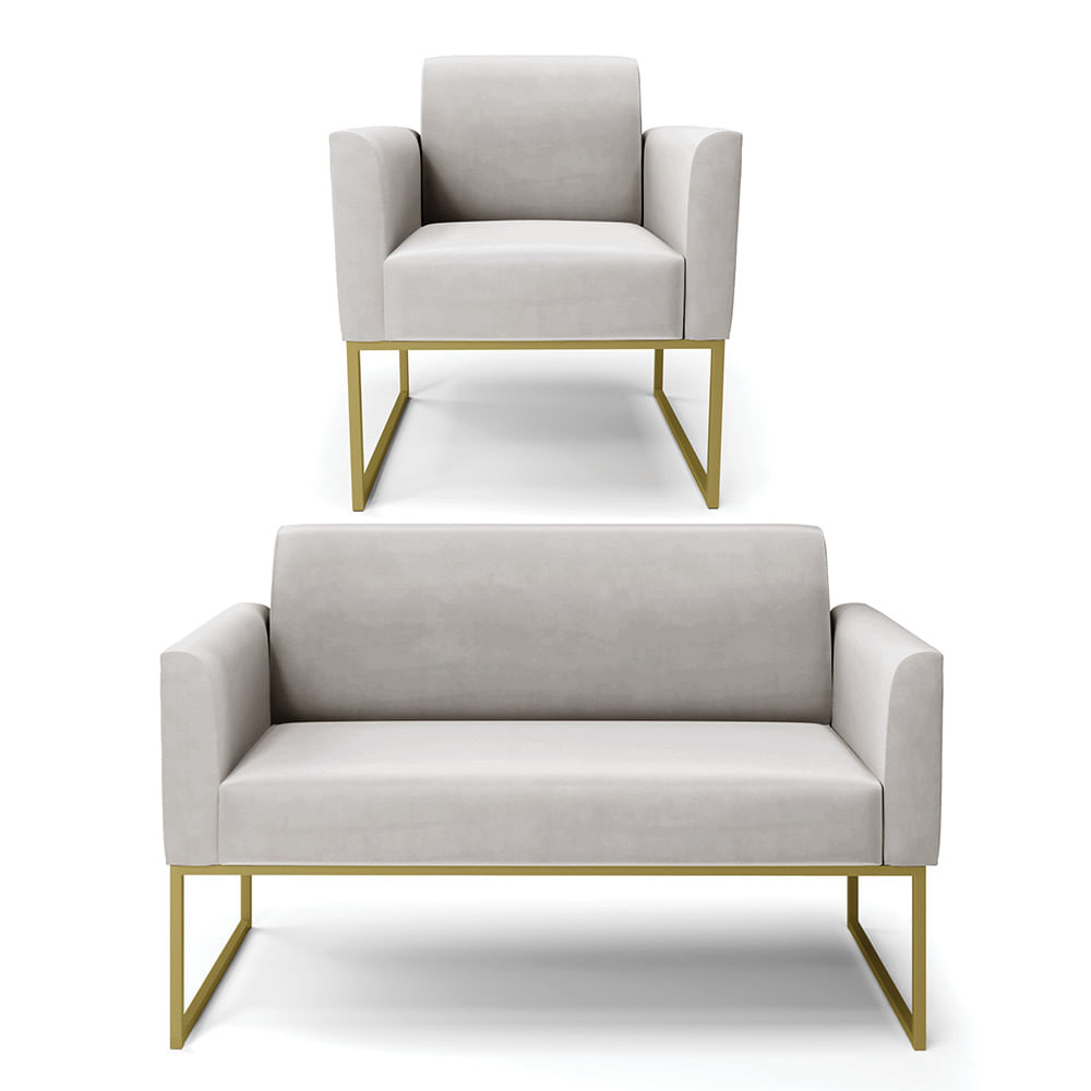 Sofá Namoradeira com Poltrona Base Industrial Dourado Marisa Veludo Cinza D03 - D'Rossi