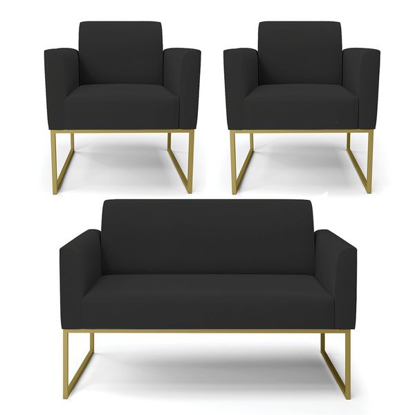 Sofá Namoradeira com 2 Poltronas Base Industrial Dourado Marisa Veludo Preto D03 - D'Rossi
