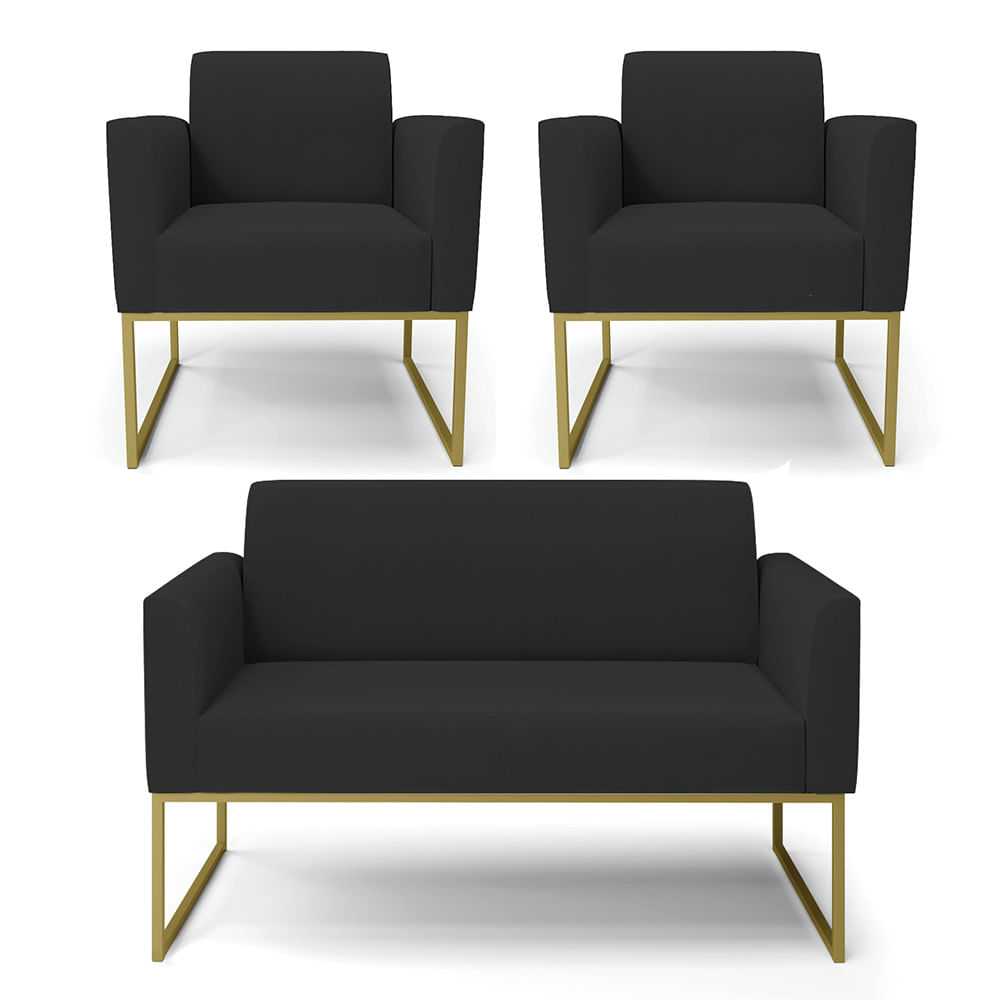 Sofá Namoradeira com 2 Poltronas Base Industrial Dourado Marisa Veludo Preto D03 - D'Rossi