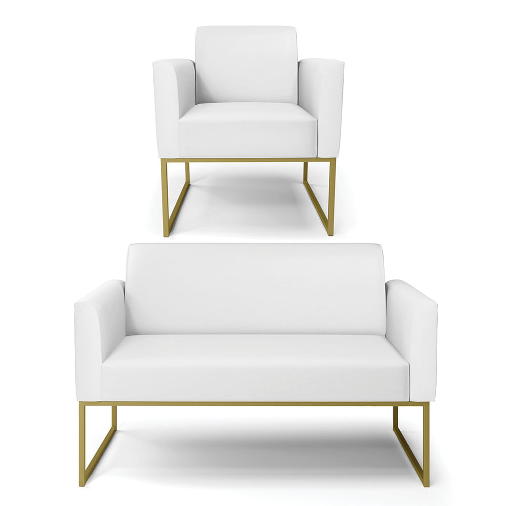Sofá Namoradeira com Poltrona Base Industrial Dourado Marisa Corino Branco D03 - D'Rossi