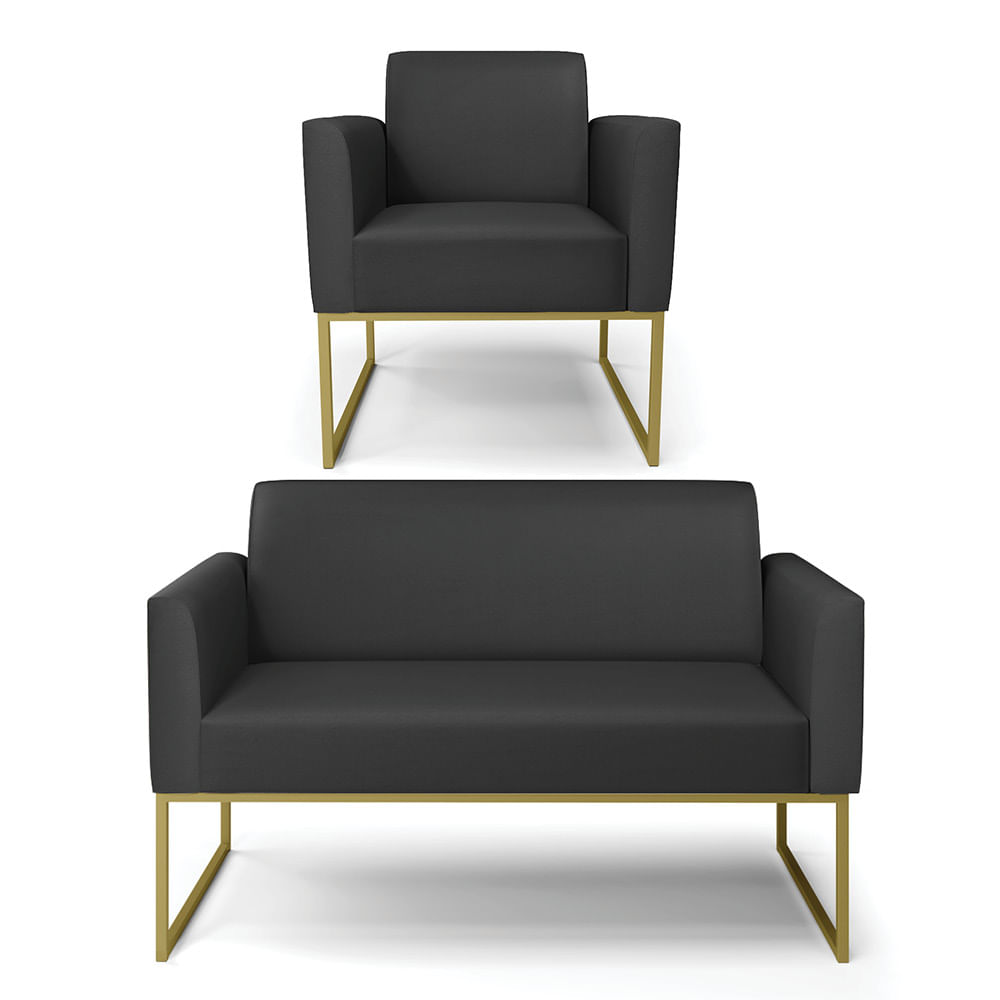 Sofá Namoradeira com Poltrona Base Industrial Dourado Marisa Corino Preto D03 - D'Rossi