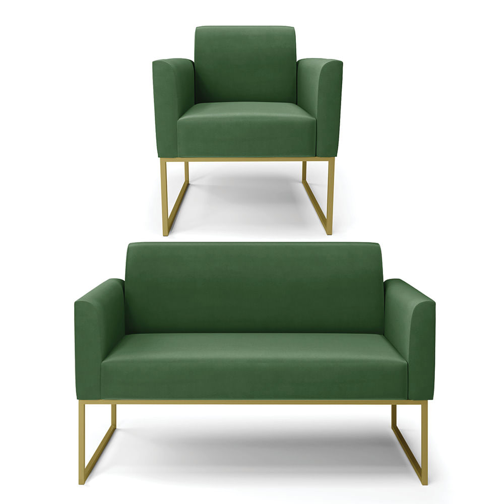 Sofá Namoradeira com Poltrona Base Industrial Dourado Marisa Suede Verde D03 - D'Rossi