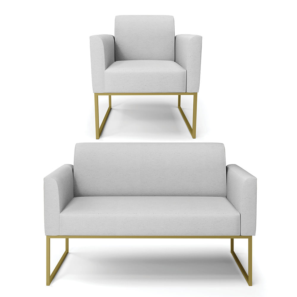 Sofá Namoradeira com Poltrona Base Industrial Dourado Marisa Linho Cinza A05 D03 - D'Rossi
