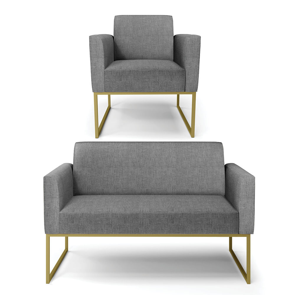Sofá Namoradeira com Poltrona Base Industrial Dourado Marisa Linho Grafite A26 D03 - D'Rossi