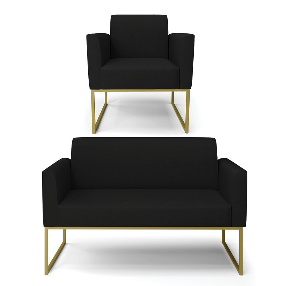 Sofá Namoradeira com Poltrona Base Industrial Dourado Marisa Linho Preto A79 D03 - D'Rossi