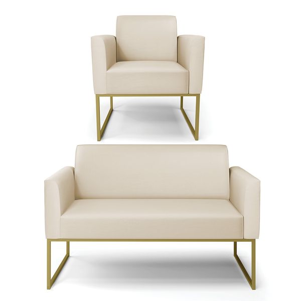 Sofá Namoradeira com Poltrona Base Industrial Dourado Marisa Corino Bege D03 - D'Rossi
