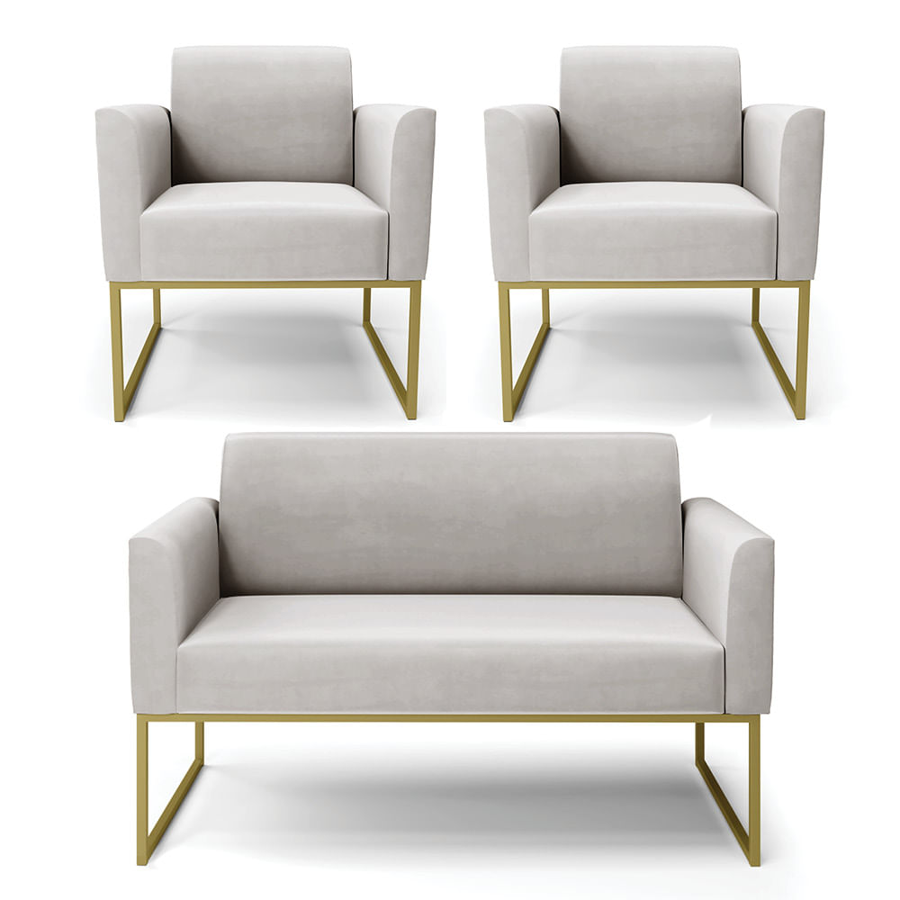 Sofá Namoradeira com 2 Poltronas Base Industrial Dourado Marisa Veludo Cinza D03 - D'Rossi