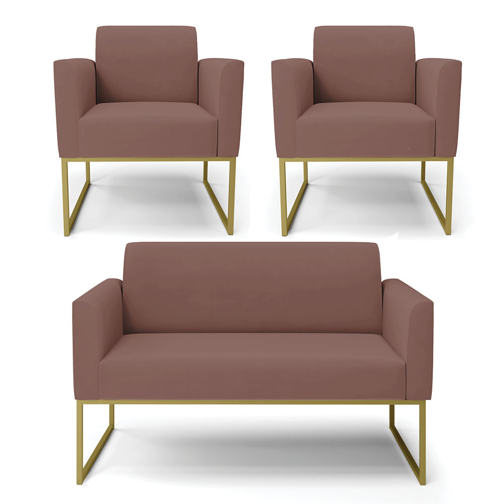 Sofá Namoradeira com 2 Poltronas Base Industrial Dourado Marisa Veludo Rosê D03 - D'Rossi