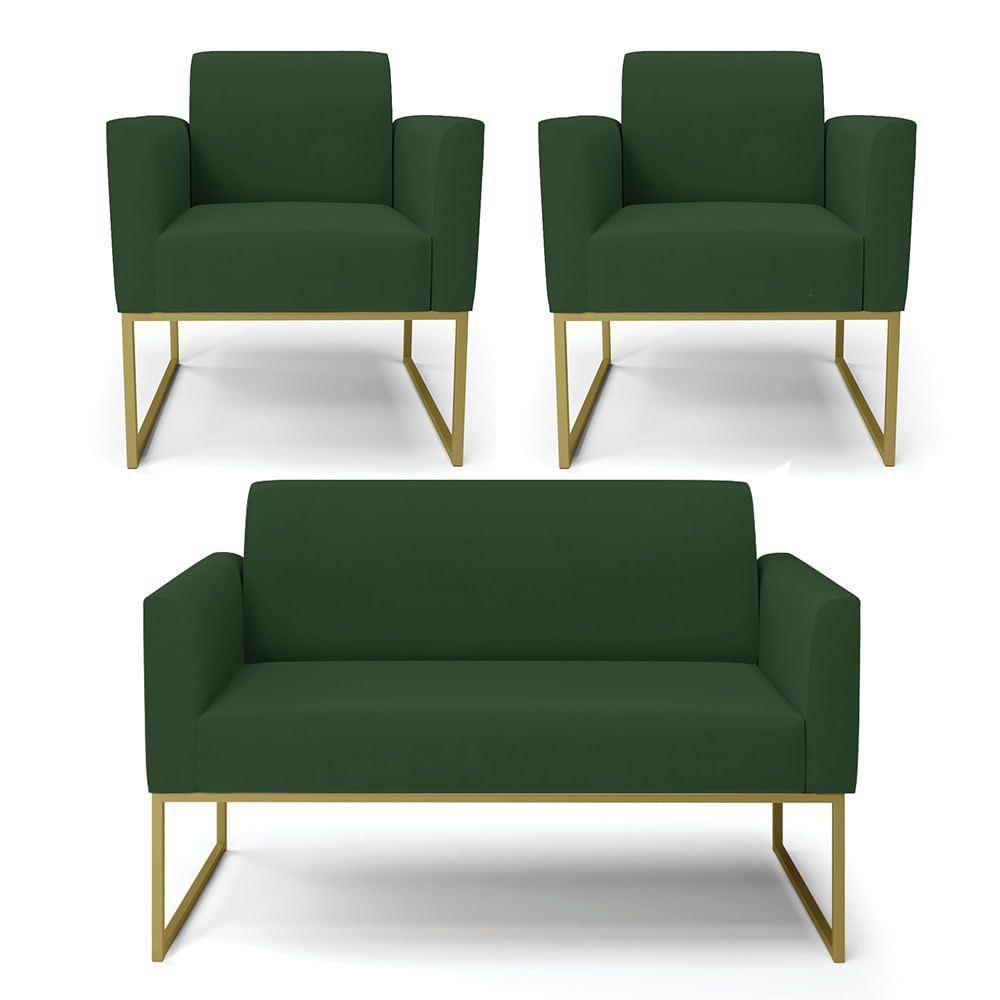 Sofá Namoradeira com 2 Poltronas Base Industrial Dourado Marisa Veludo Verde D03 - D'Rossi
