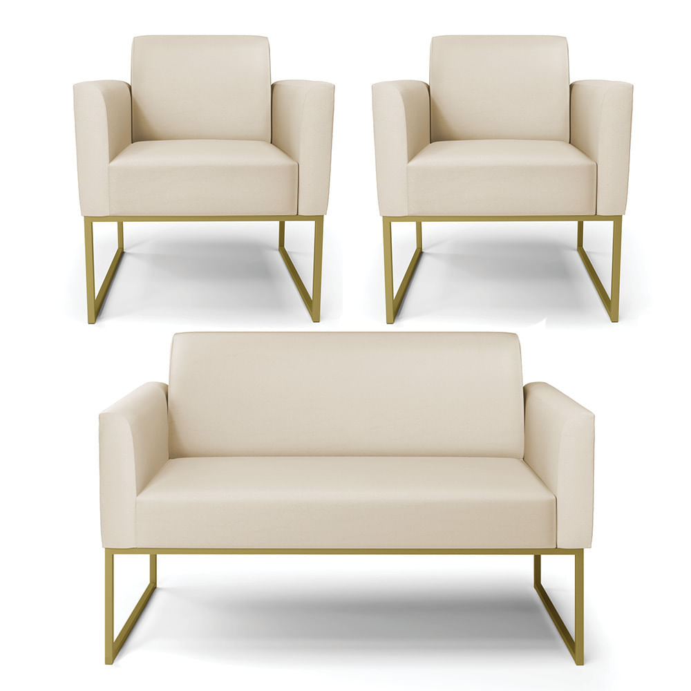 Sofá Namoradeira com 2 Poltronas Base Industrial Dourado Marisa Corino Bege D03 - D'Rossi