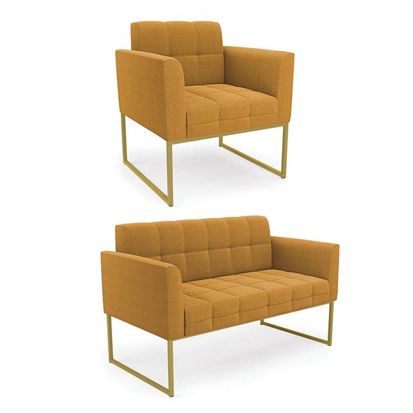 Namoradeira e Poltrona Industrial Dourado Elisa Bouclê Mostarda D03 - D'Rossi