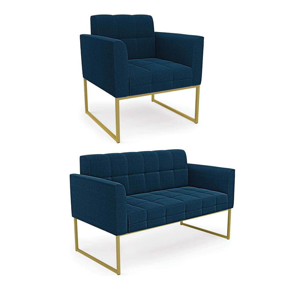 Namoradeira e Poltrona Industrial Dourado Elisa Bouclê Azul D03 - D'Rossi
