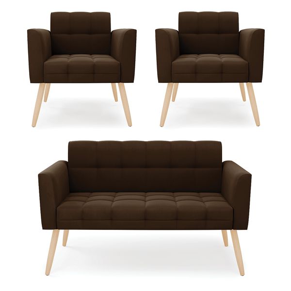 Kit 1 Sofá Namoradeira e 2 Poltronas Elisa Suede Marrom Pés Palito Natural - D'Rossi