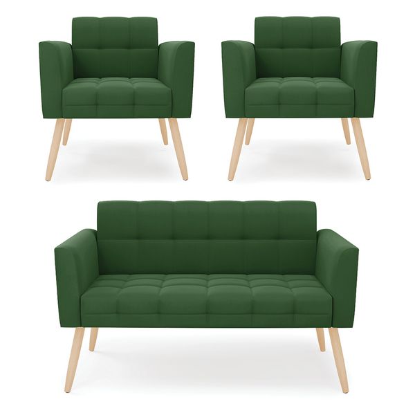Kit 1 Sofá Namoradeira e 2 Poltronas Elisa Suede Verde Pés Palito Natural - D'Rossi