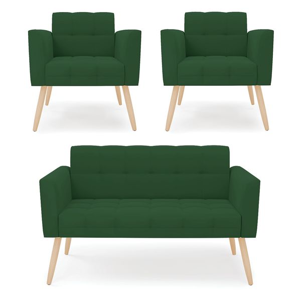 Kit 1 Sofá Namoradeira e 2 Poltronas Elisa Veludo Verde Pés Palito Natural - D'Rossi
