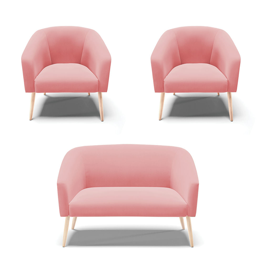 Namoradeira e 2 Poltronas Pé Palito Natural Stella Suede Rosê D03 - D'Rossi