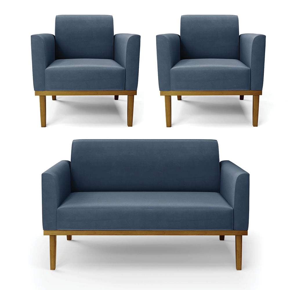 Sofá Namoradeira com 2 Poltronas Base de Madeira Fixa Castanho Marisa Suede Azul Marinho D03 - D'Rossi