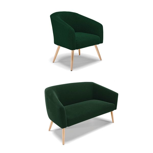 Sofá Namoradeira e Poltrona Pé Palito Natural Stella Bouclê Verde D03 - D'Rossi