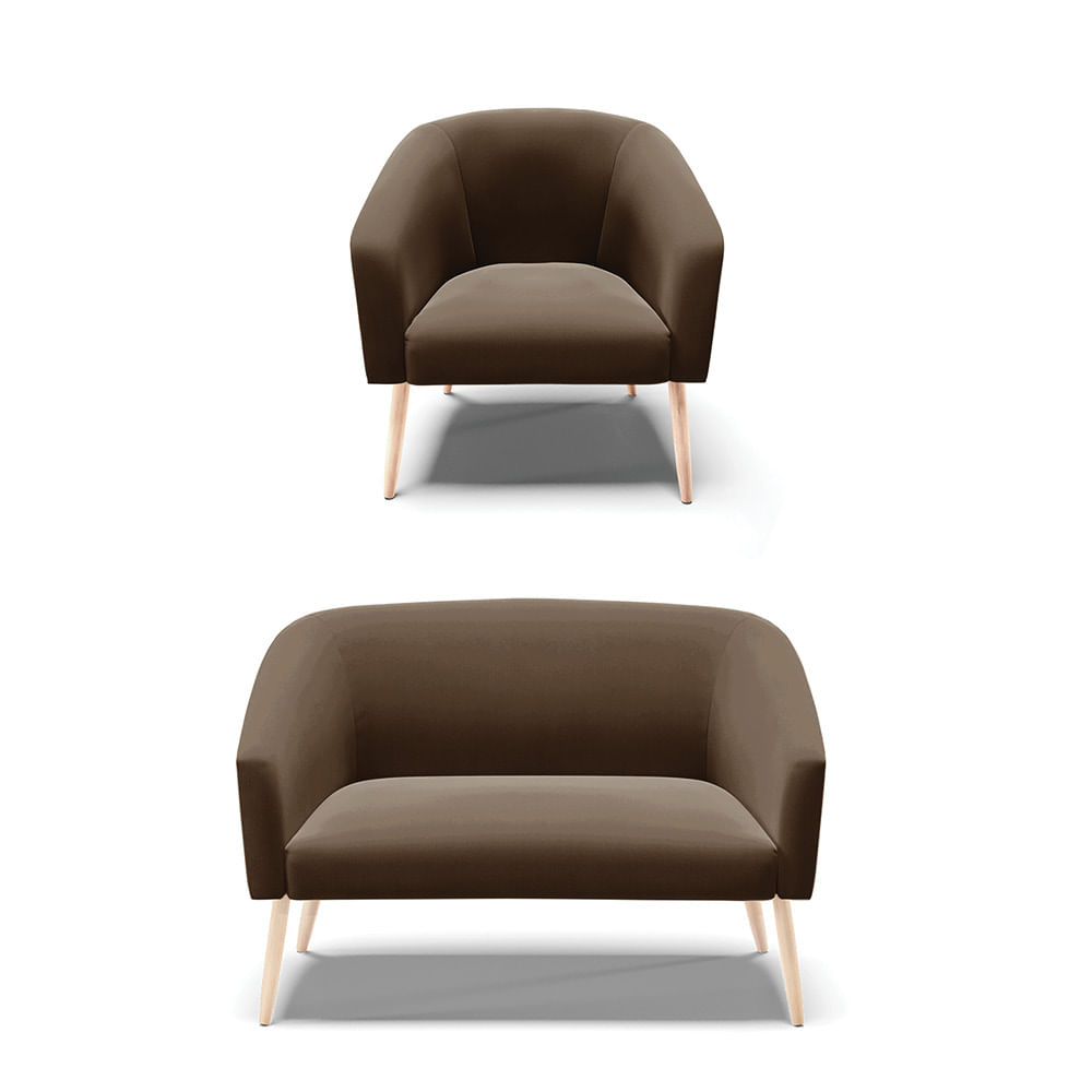 Sofá Namoradeira e Poltrona Pé Palito Natural Stella Suede Marrom D03 - D'Rossi