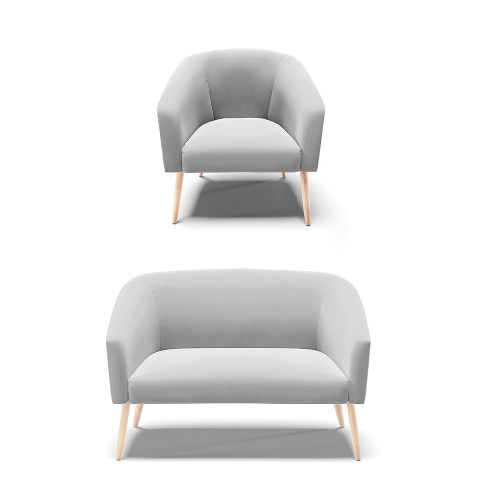 Sofá Namoradeira e Poltrona Pé Palito Natural Stella Suede Cinza D03 - D'Rossi