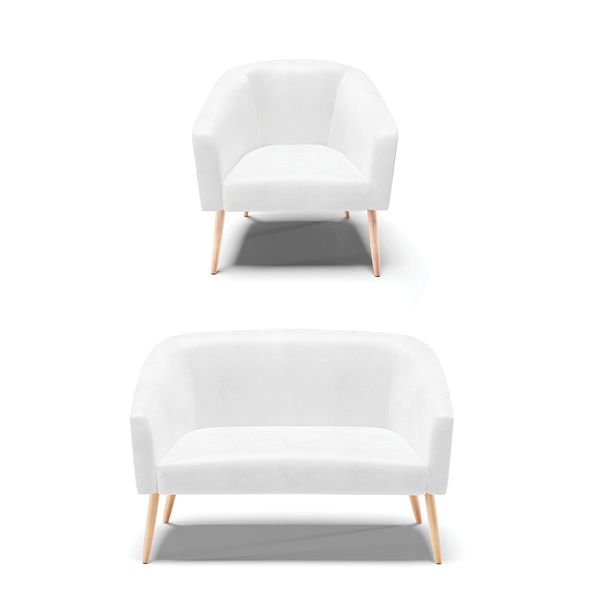 Sofá Namoradeira e Poltrona Pé Palito Natural Stella Sintético PU D03 - D'Rossi Branco