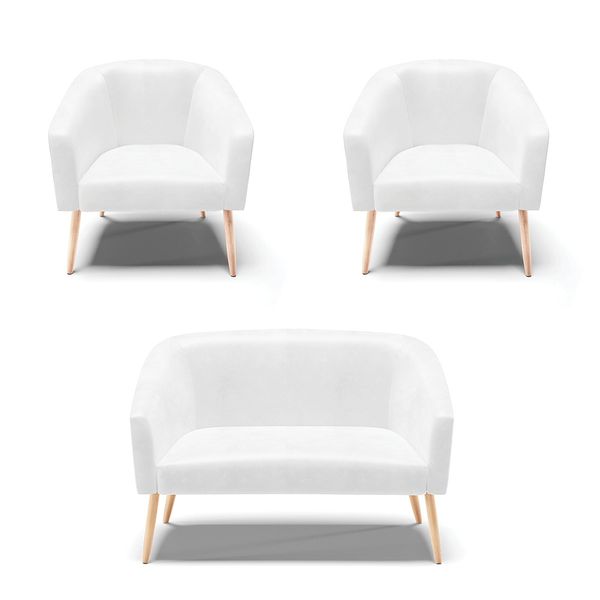 Namoradeira e 2 Poltronas Pé Palito Natural Stella Sintético PU D03 - D'Rossi Branco