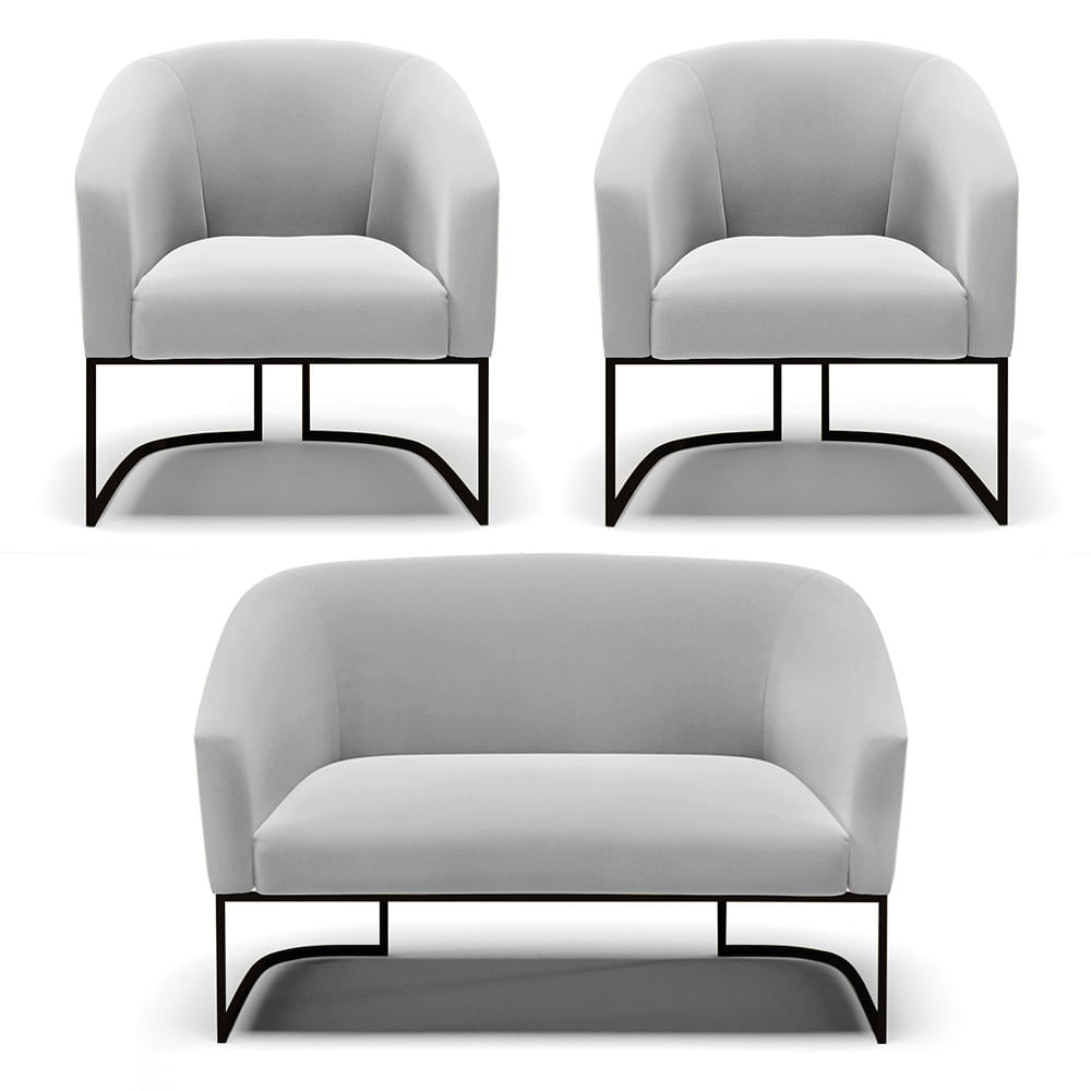 Namoradeira e 2 Poltronas Industrial Preto Stella Suede Cinza D03 - D'Rossi