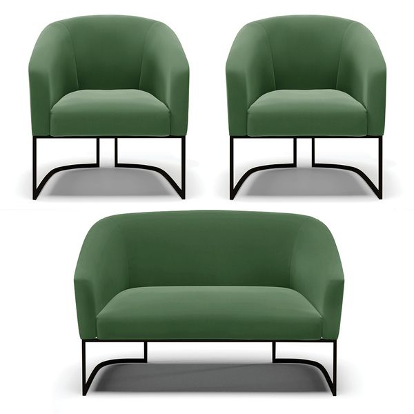 Namoradeira e 2 Poltronas Industrial Preto Stella Suede Verde D03 - D'Rossi
